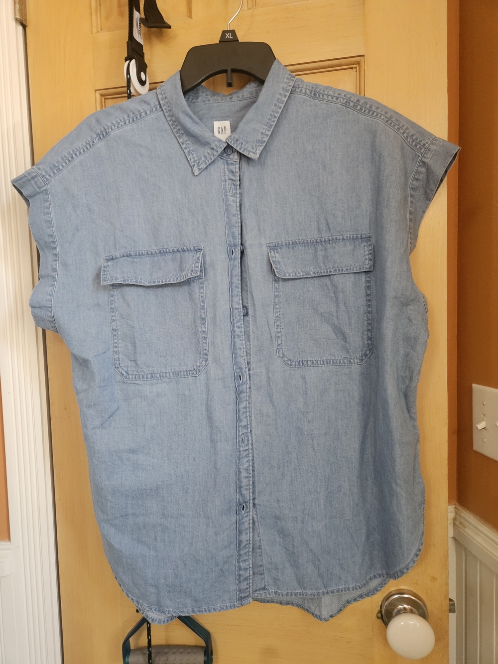 GAP Light Wash Denim Button-Up Cap Sleeve Shirt